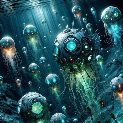 The primary subject of the image is a large, intricate, and futuristic-looking machine or spacecraft, surrounded by a multitude of small, glowing, blue orbs. The setting appears to be a dark, underwater environment, with the machine and orbs floating in the water. The visual style of the image is a combination of digital art and illustration, creating a unique and captivating scene. The dominant colors in the image are blue and green, giving the scene a sense of depth and mystery.